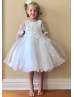 Bell Sleeve Ivory Lace Tulle Pearls Flower Girl Dress